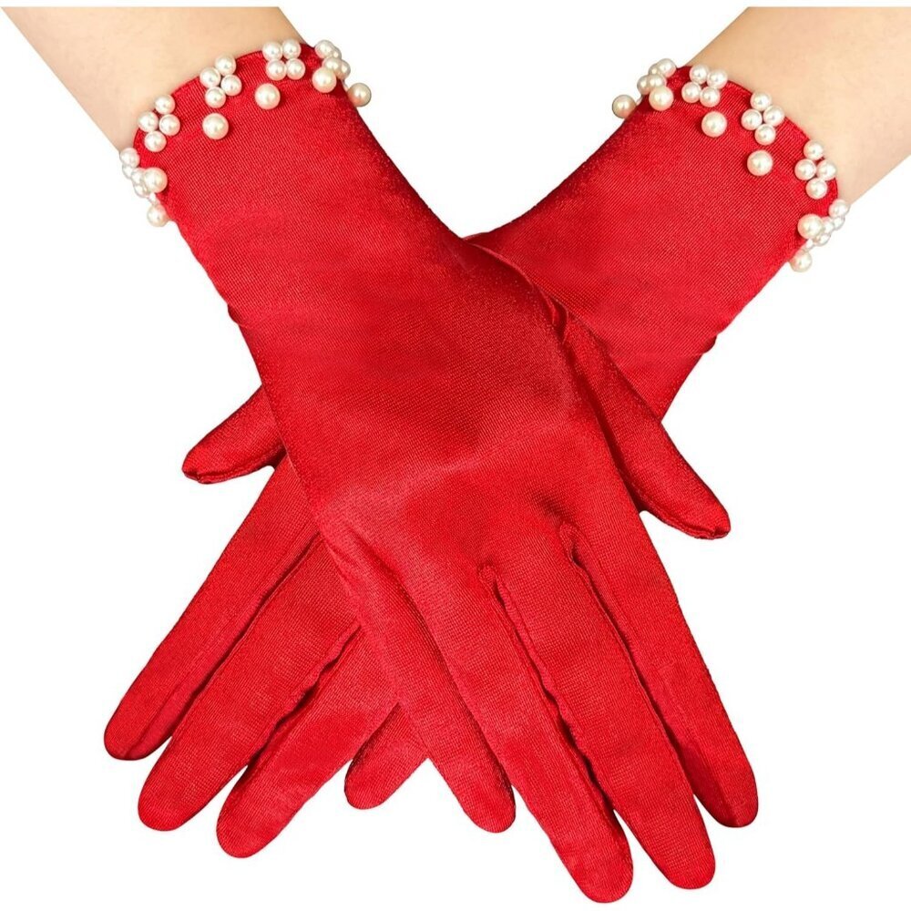 Women's Elegant Red Floral Short Lace Wrist Gloves Bridal Dinner Party Prom